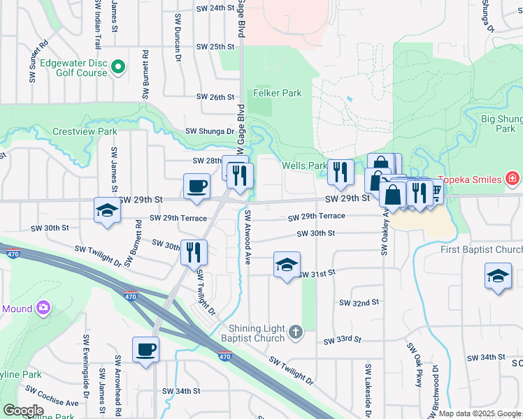 map of restaurants, bars, coffee shops, grocery stores, and more near 3724 Southwest 29th Street in Topeka