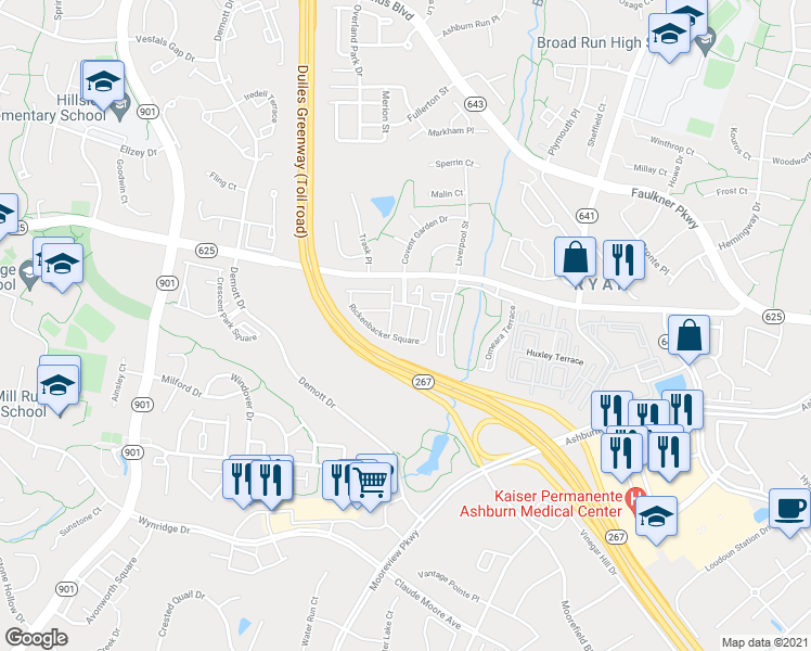 map of restaurants, bars, coffee shops, grocery stores, and more near 21773 Harroun Terrace in Ashburn