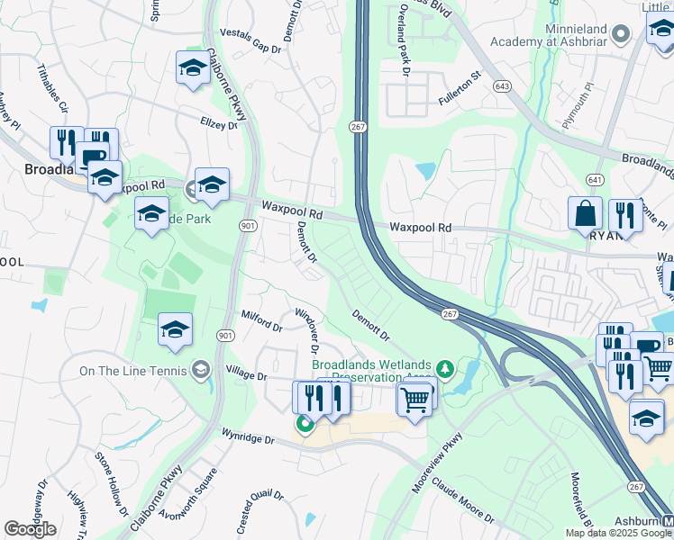 map of restaurants, bars, coffee shops, grocery stores, and more near 43294 Farringdon Square in Ashburn