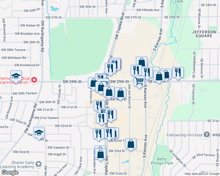 map of restaurants, bars, coffee shops, grocery stores, and more near 2910 Southwest Topeka Boulevard in Topeka