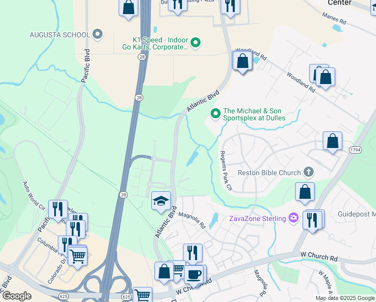 map of restaurants, bars, coffee shops, grocery stores, and more near 21700 Atlantic Boulevard in Sterling