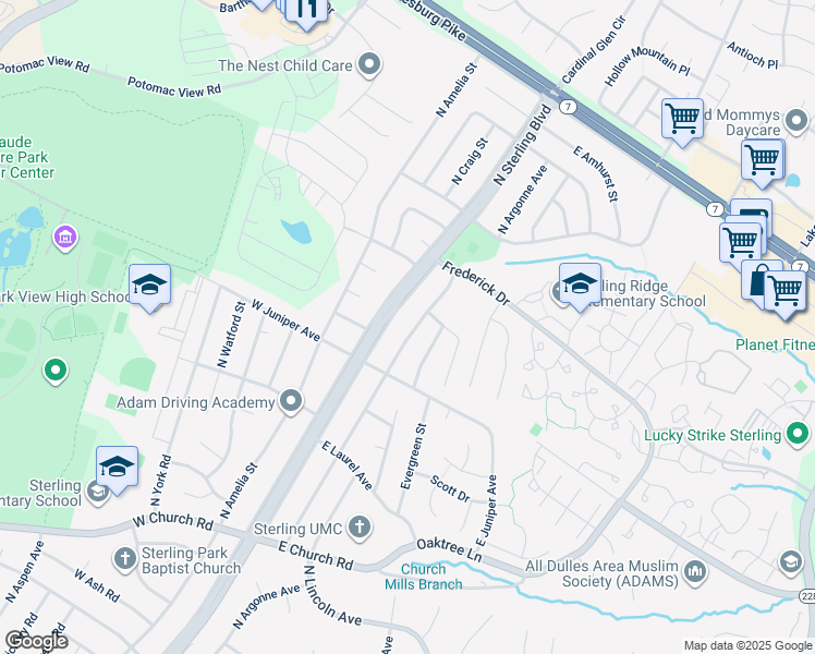 map of restaurants, bars, coffee shops, grocery stores, and more near 1201 North Argonne Avenue in Sterling