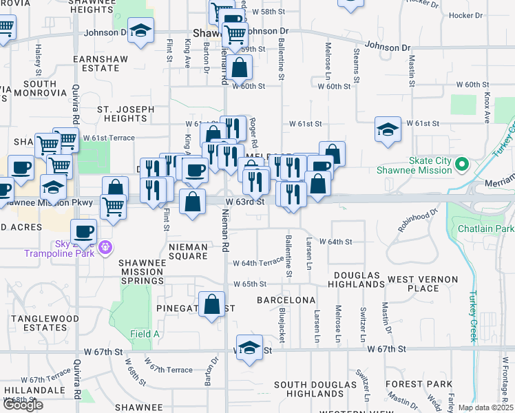 map of restaurants, bars, coffee shops, grocery stores, and more near 10922 Frontage Road in Shawnee