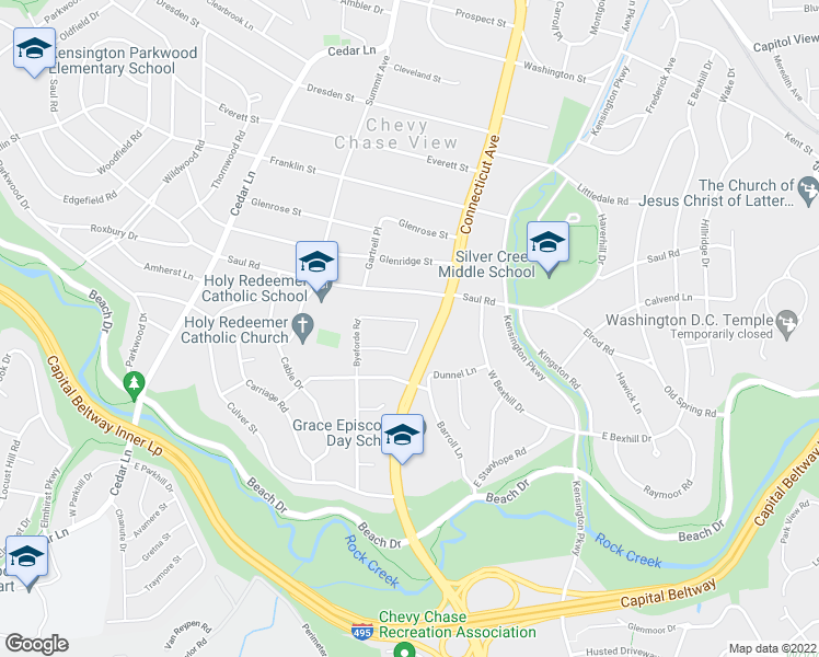 map of restaurants, bars, coffee shops, grocery stores, and more near 9601 Dewmar Lane in Kensington