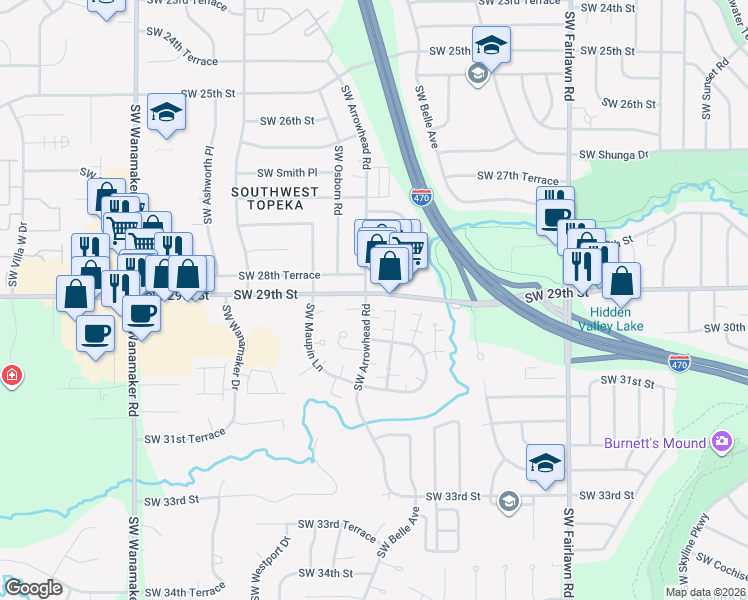 map of restaurants, bars, coffee shops, grocery stores, and more near 2829 Southwest Arrowhead Road in Topeka