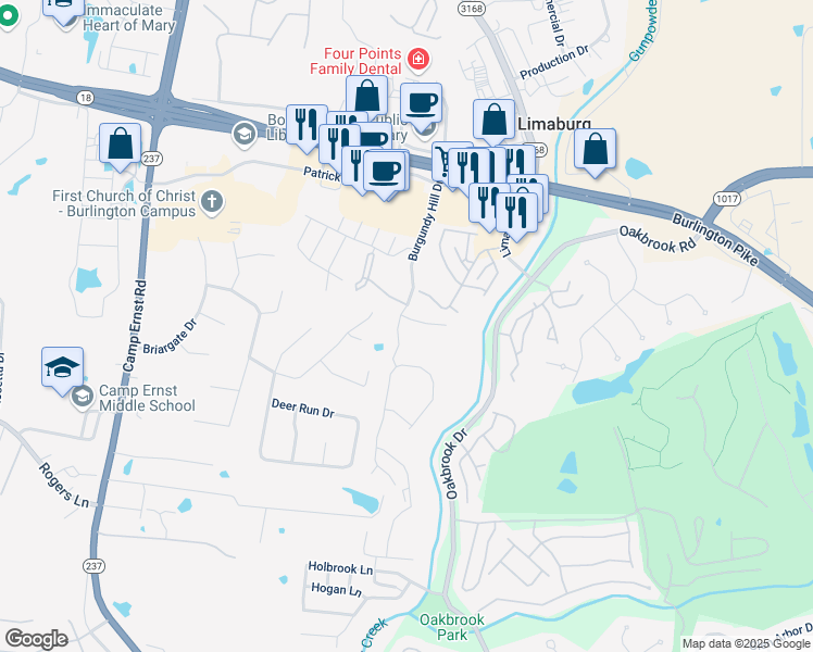 map of restaurants, bars, coffee shops, grocery stores, and more near 1853 Bordeaux Boulevard in Burlington