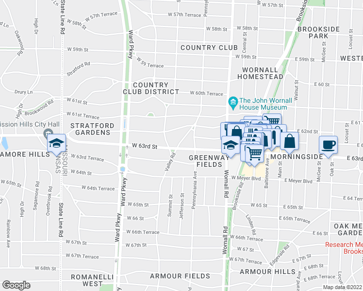 map of restaurants, bars, coffee shops, grocery stores, and more near 6247 Valley Road in Kansas City