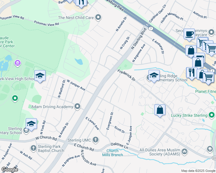 map of restaurants, bars, coffee shops, grocery stores, and more near 1201 North Argonne Avenue in Sterling