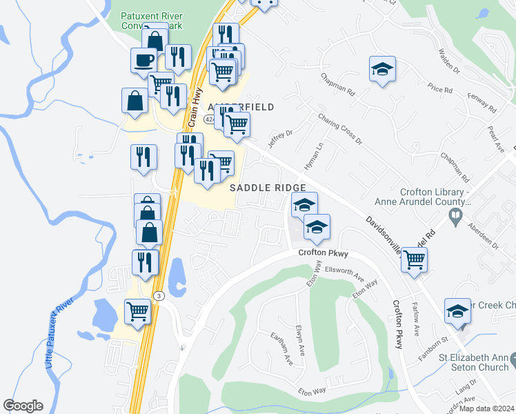 map of restaurants, bars, coffee shops, grocery stores, and more near 1601 Parkridge Circle in Crofton