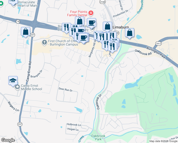 map of restaurants, bars, coffee shops, grocery stores, and more near 1853 Bordeaux Boulevard in Burlington