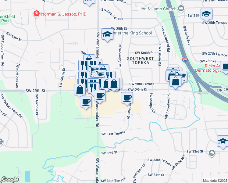 map of restaurants, bars, coffee shops, grocery stores, and more near 2940 Southwest Woodside Drive in Topeka