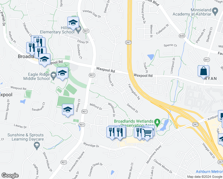 map of restaurants, bars, coffee shops, grocery stores, and more near 21796 Crescent Park Square in Ashburn
