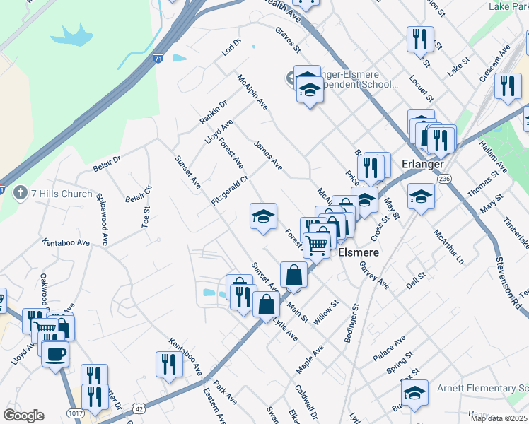 map of restaurants, bars, coffee shops, grocery stores, and more near 306 Forest Avenue in Erlanger