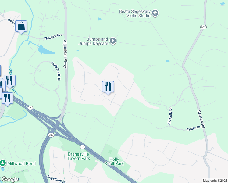 map of restaurants, bars, coffee shops, grocery stores, and more near 11906 Holly Spring Drive in Great Falls