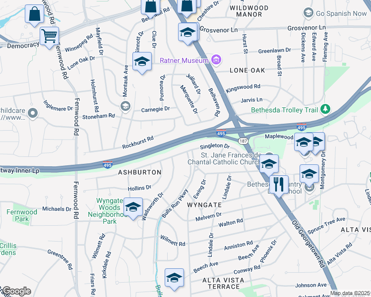 map of restaurants, bars, coffee shops, grocery stores, and more near 9801 Singleton Drive in Bethesda