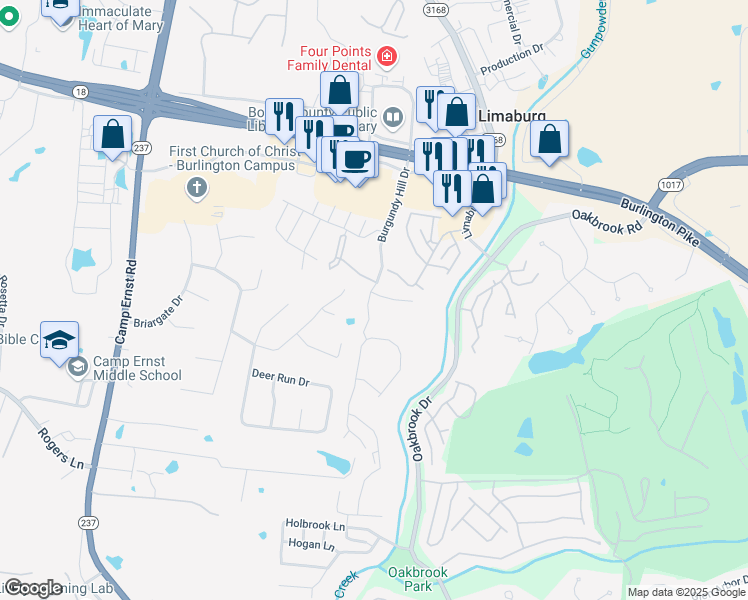 map of restaurants, bars, coffee shops, grocery stores, and more near 1719 Hunters Trce in Burlington