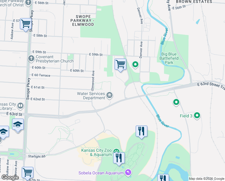map of restaurants, bars, coffee shops, grocery stores, and more near 4301 East 60 Terrace in Kansas City