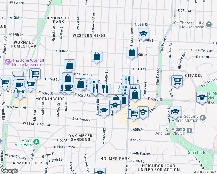 map of restaurants, bars, coffee shops, grocery stores, and more near 6150 Charlotte Street in Kansas City