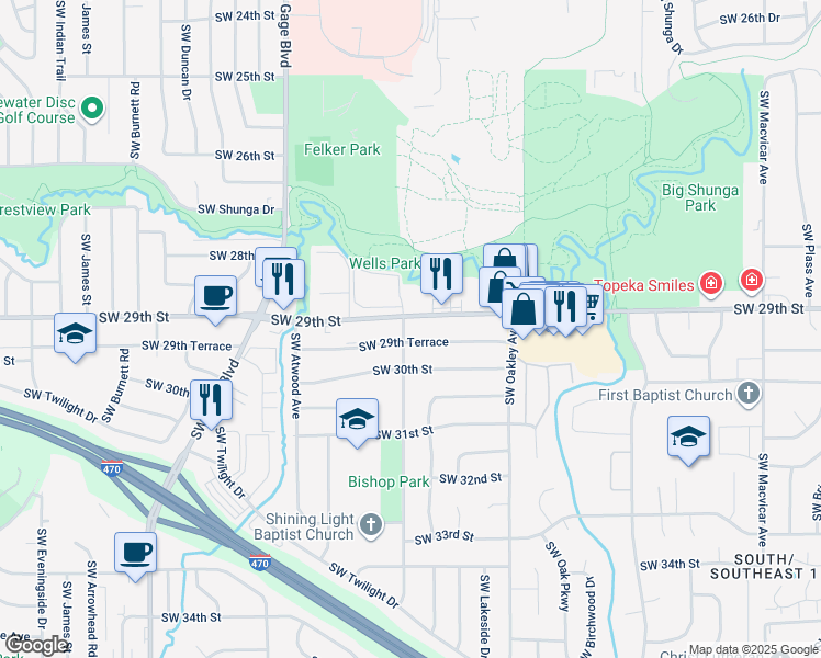 map of restaurants, bars, coffee shops, grocery stores, and more near 3314 Southwest 29th Street in Topeka