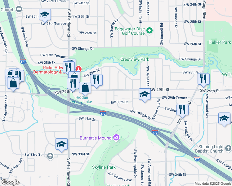 map of restaurants, bars, coffee shops, grocery stores, and more near 2844 Southwest Sunset Road in Topeka