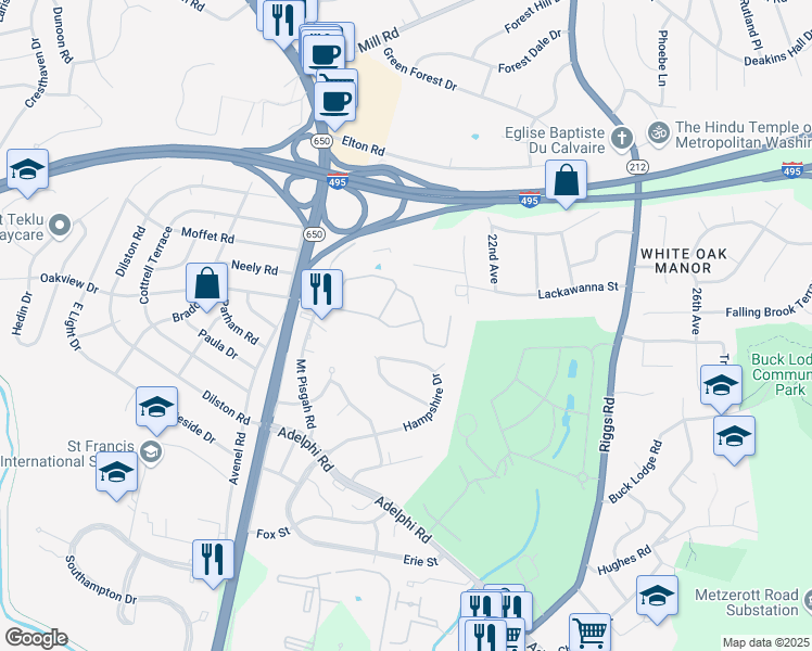 map of restaurants, bars, coffee shops, grocery stores, and more near 1809 Mount Pisgah Lane in Silver Spring