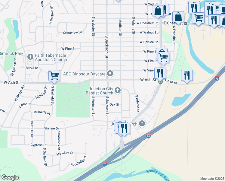 map of restaurants, bars, coffee shops, grocery stores, and more near 429 West Ash Street in Junction City