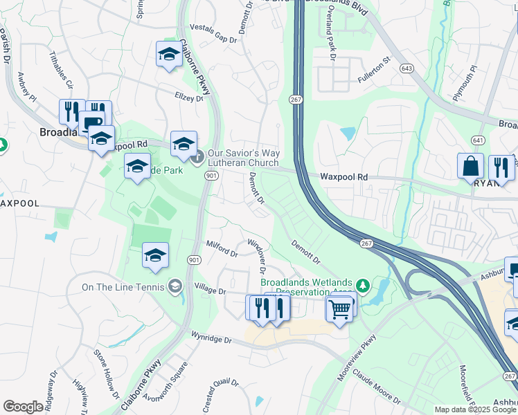 map of restaurants, bars, coffee shops, grocery stores, and more near Crescent Park Square in Ashburn