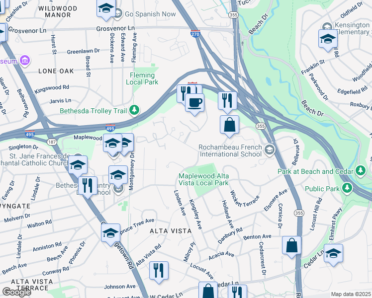map of restaurants, bars, coffee shops, grocery stores, and more near 5272 Pooks Hill Road in Bethesda