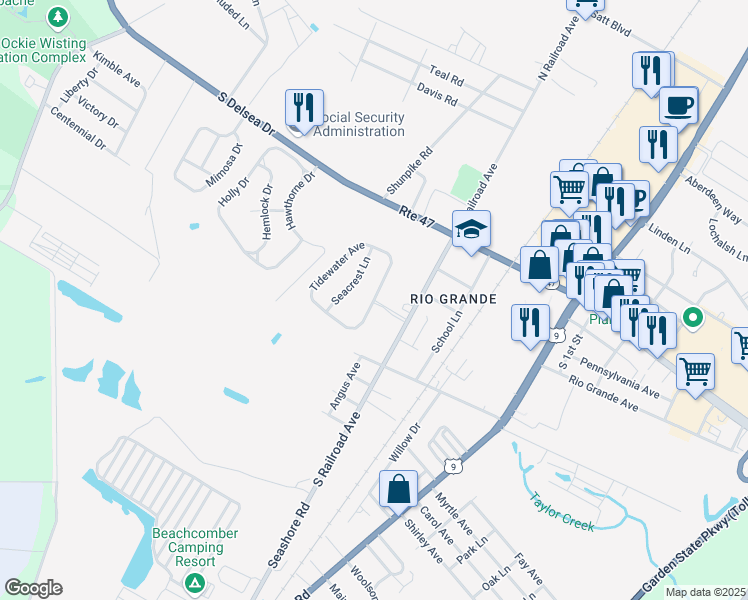 map of restaurants, bars, coffee shops, grocery stores, and more near Tidewater Avenue in Cape May County