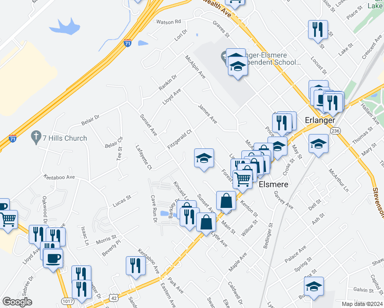 map of restaurants, bars, coffee shops, grocery stores, and more near 4 Glenna Court in Erlanger