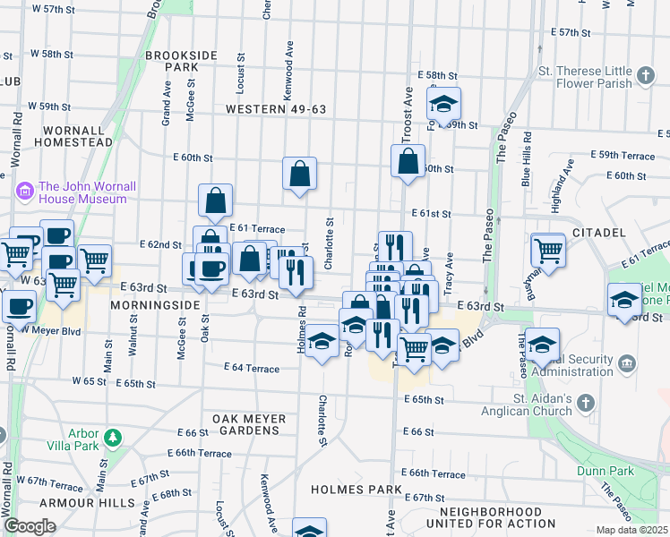map of restaurants, bars, coffee shops, grocery stores, and more near 6150 Charlotte Street in Kansas City