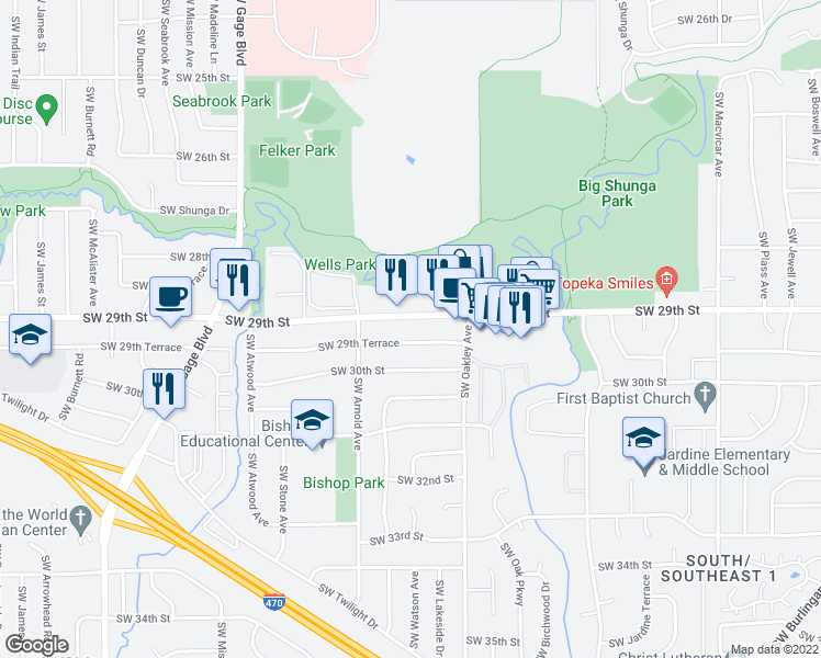 map of restaurants, bars, coffee shops, grocery stores, and more near 3200 Southwest 29th Terrace in Topeka
