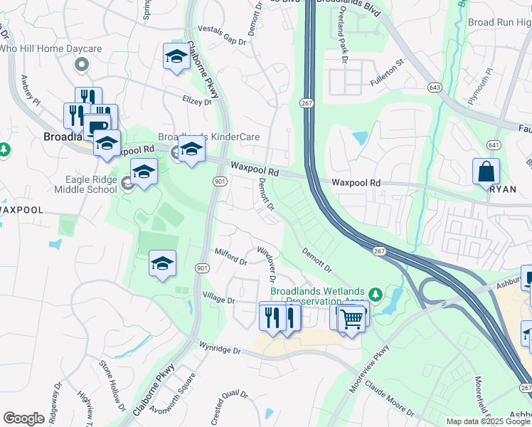 map of restaurants, bars, coffee shops, grocery stores, and more near 21812 Crescent Park Square in Ashburn