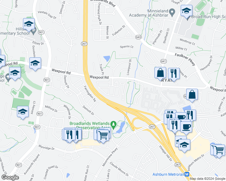 map of restaurants, bars, coffee shops, grocery stores, and more near 21767 Harroun Terrace in Ashburn