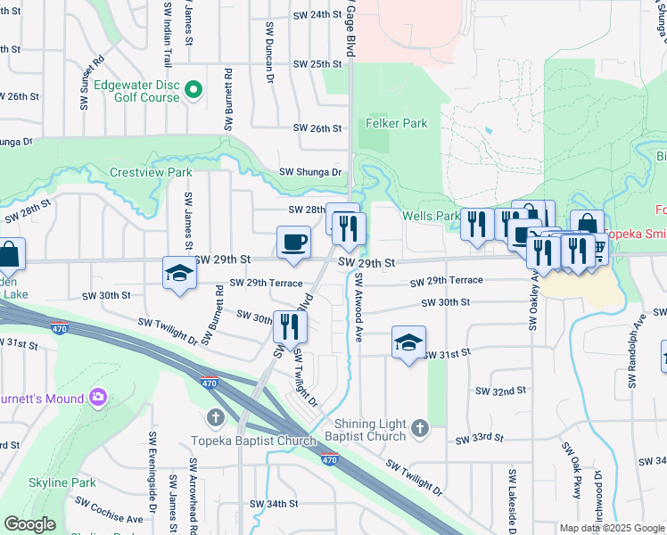 map of restaurants, bars, coffee shops, grocery stores, and more near in Topeka