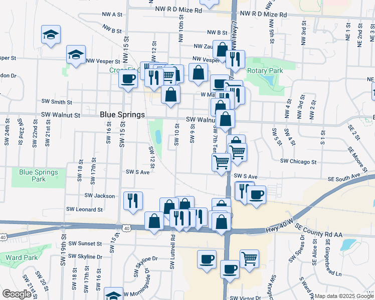map of restaurants, bars, coffee shops, grocery stores, and more near 402 Southwest 10th Street in Blue Springs