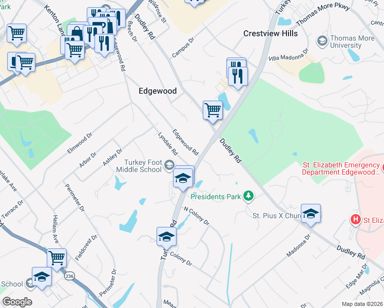 map of restaurants, bars, coffee shops, grocery stores, and more near 136 Edgewood Road in Edgewood