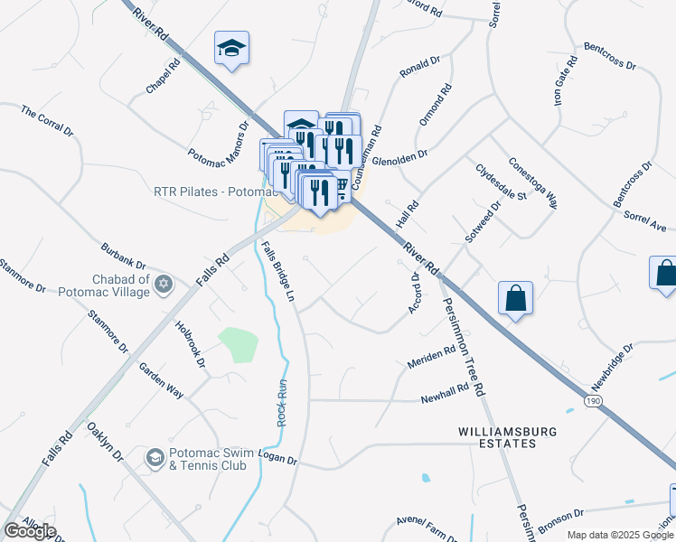map of restaurants, bars, coffee shops, grocery stores, and more near 9704 Hall Road in Potomac