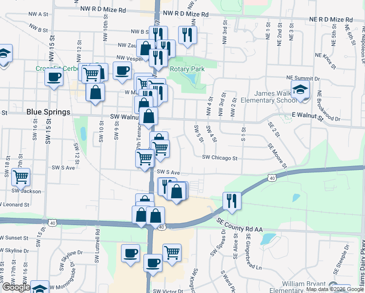 map of restaurants, bars, coffee shops, grocery stores, and more near 201 Southwest 6 Street in Blue Springs