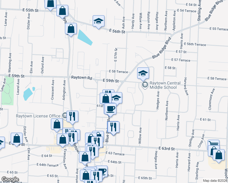 map of restaurants, bars, coffee shops, grocery stores, and more near 6000 Blue Ridge Boulevard in Raytown
