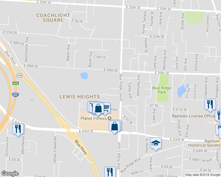 map of restaurants, bars, coffee shops, grocery stores, and more near East 60th Terrace in Kansas City