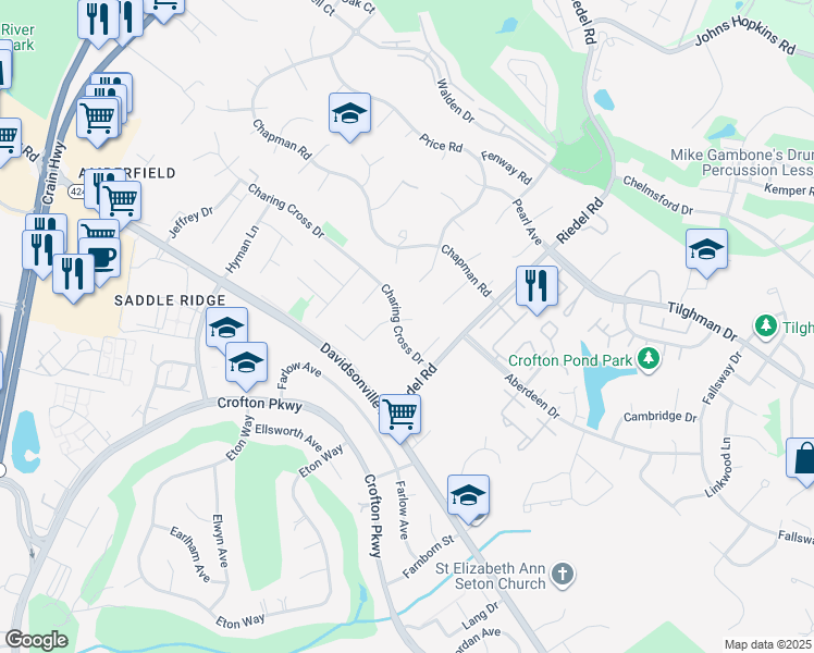 map of restaurants, bars, coffee shops, grocery stores, and more near in Crofton