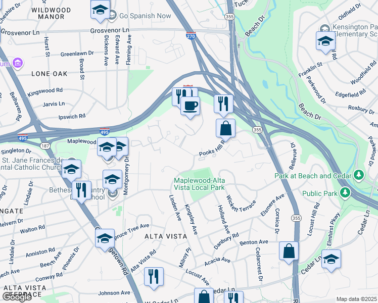 map of restaurants, bars, coffee shops, grocery stores, and more near 5225 Pooks Hill Road in Bethesda