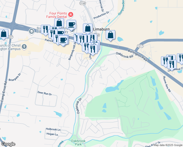 map of restaurants, bars, coffee shops, grocery stores, and more near 6171 Limaburg Road in Burlington