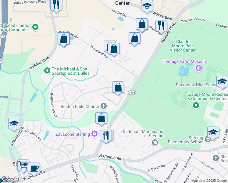 map of restaurants, bars, coffee shops, grocery stores, and more near 45788 Mountain Pine Square in Sterling