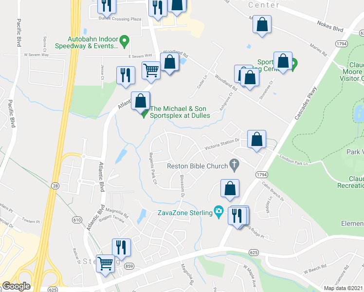 map of restaurants, bars, coffee shops, grocery stores, and more near 21726 Ladbroke Grove Court in Sterling