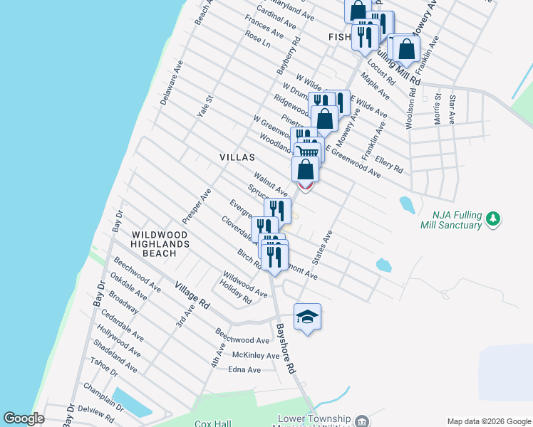 map of restaurants, bars, coffee shops, grocery stores, and more near 16 Spruce Avenue in Villas