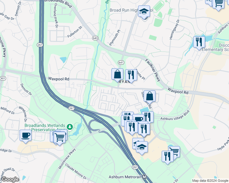 map of restaurants, bars, coffee shops, grocery stores, and more near Bancroft Court in Ashburn