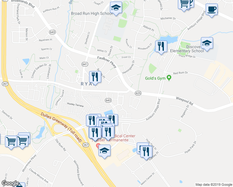 map of restaurants, bars, coffee shops, grocery stores, and more near 21761 Oakville Terrace in Ashburn