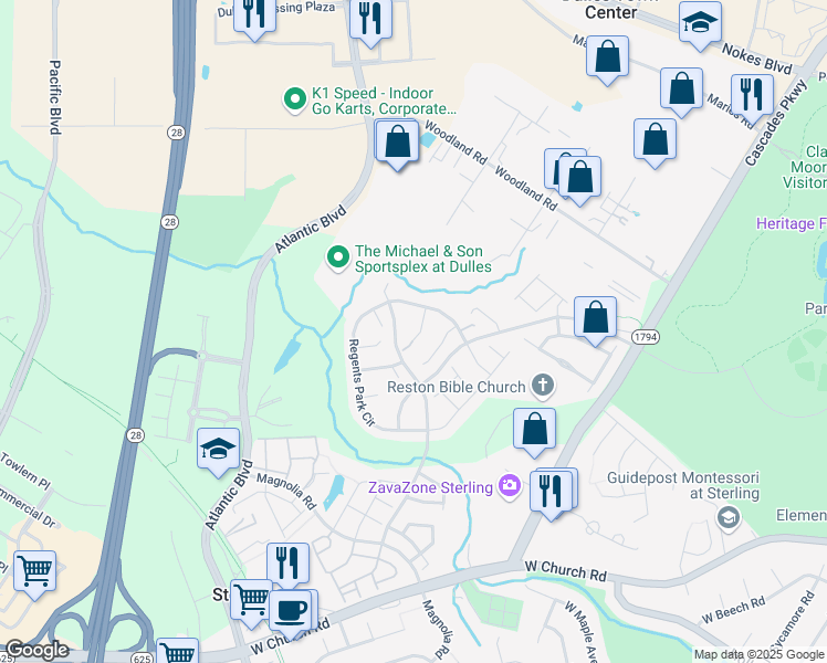 map of restaurants, bars, coffee shops, grocery stores, and more near 21731 Ladbroke Grove Court in Sterling